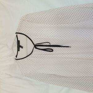WHBM white with black polka dots sheer lined blouse long sleeve career tie neck